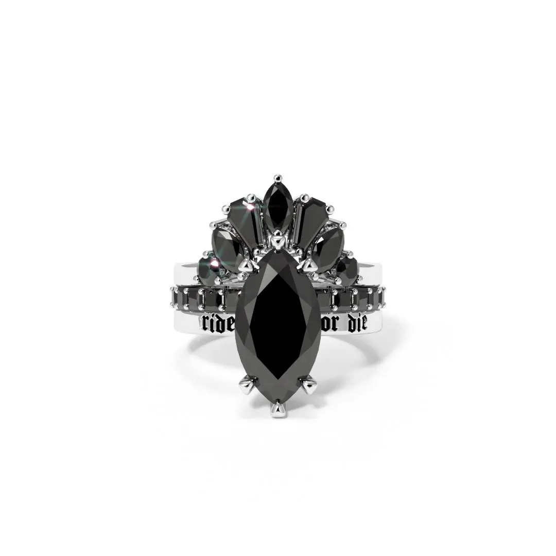 Ride or Die Wedding Rings- 2.5 Ct Marquise Cut Diamond Gothic Bridal Set in 14K White Gold