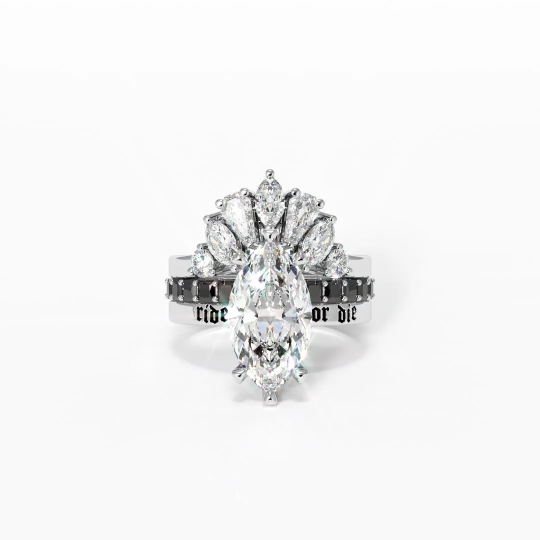 Ride or Die Wedding Rings- 2.5 Ct Marquise Cut Diamond Gothic Bridal Set in 14K White Gold