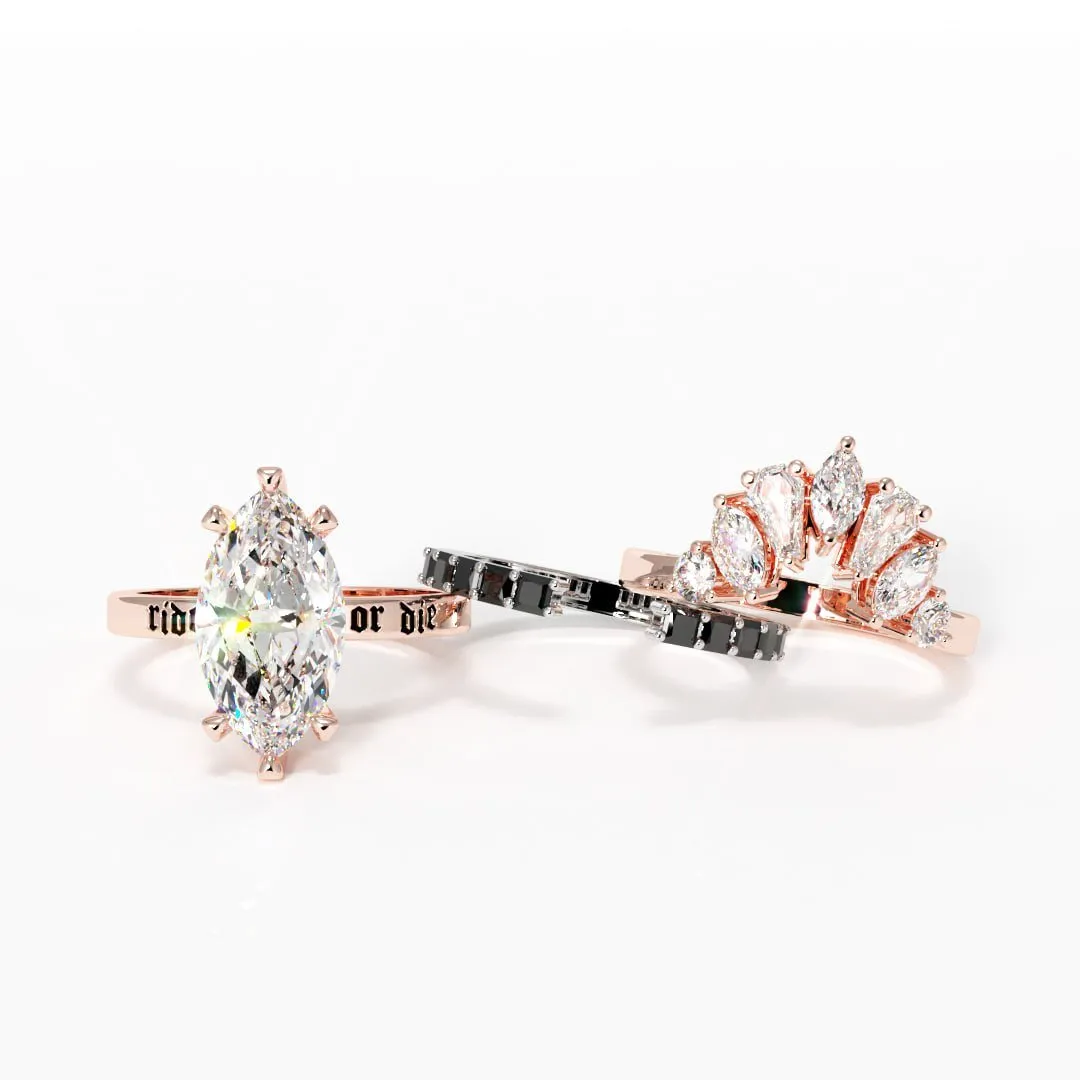 Ride or Die Wedding Rings- 2.5 Ct Marquise Cut Diamond Gothic Bridal Set in 14K White Gold