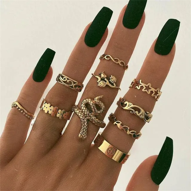 rings set Bohemian style hollow vintage 10-piece set women rings