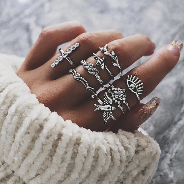 rings set Bohemian style hollow vintage 10-piece set women rings