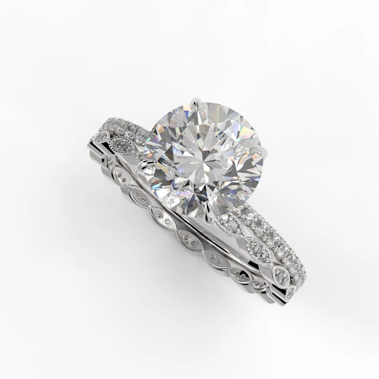 Round Brilliant Cut Unique Pave Engagement Ring Bridal Set - 403
