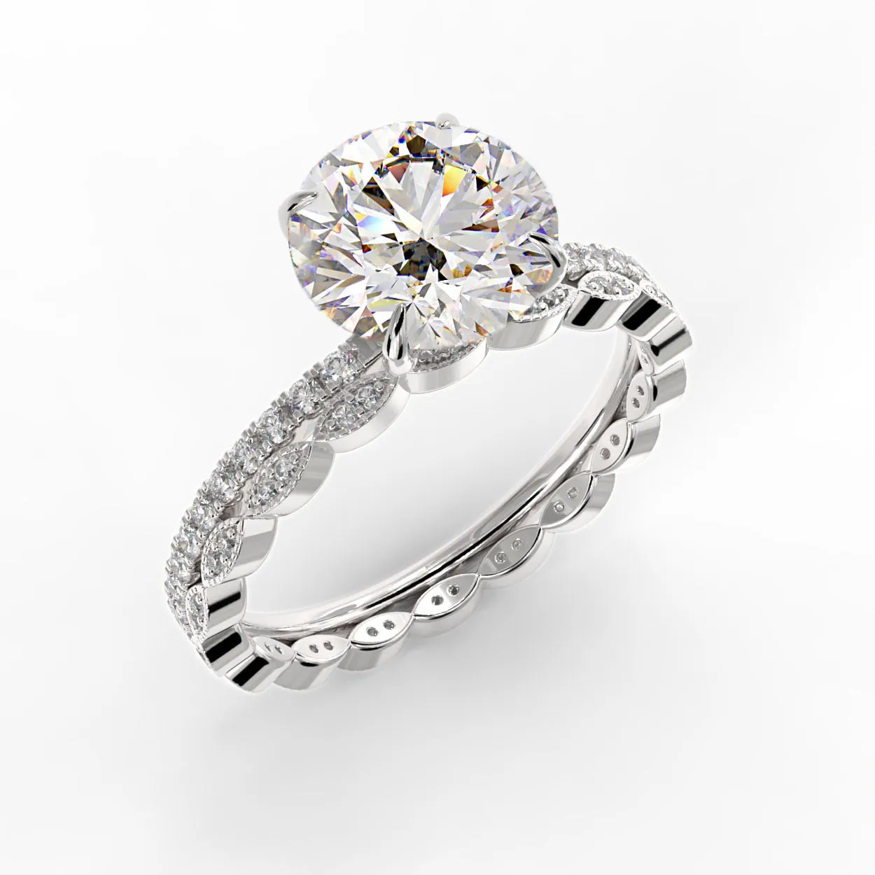 Round Brilliant Cut Unique Pave Engagement Ring Bridal Set - 403