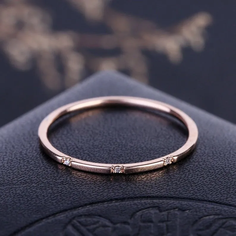 Round Moissanite Wedding Band, 14k White gold Vintage Thin Dainty band, rings For Women Unique Anniversary gift For Women, stackable ring