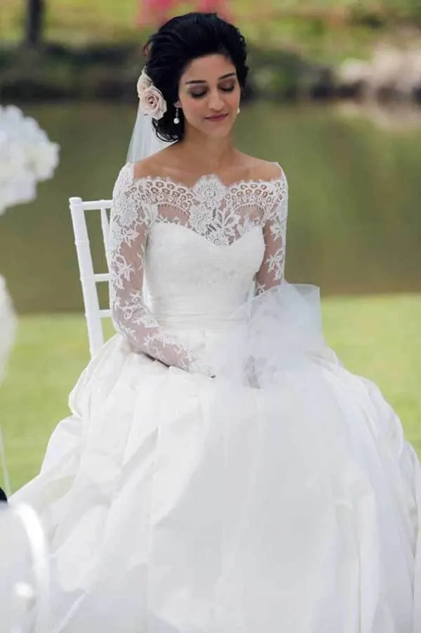 Roycebridal A-line Off Shoulder Long Sleeves Satin Lace Wedding Dresses, Bridal Gown, MW790