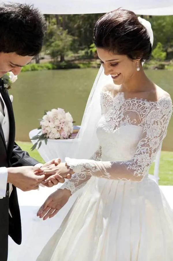 Roycebridal A-line Off Shoulder Long Sleeves Satin Lace Wedding Dresses, Bridal Gown, MW790