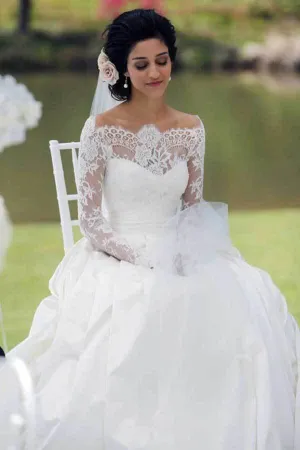 Roycebridal A-line Off Shoulder Long Sleeves Satin Lace Wedding Dresses, Bridal Gown, MW790