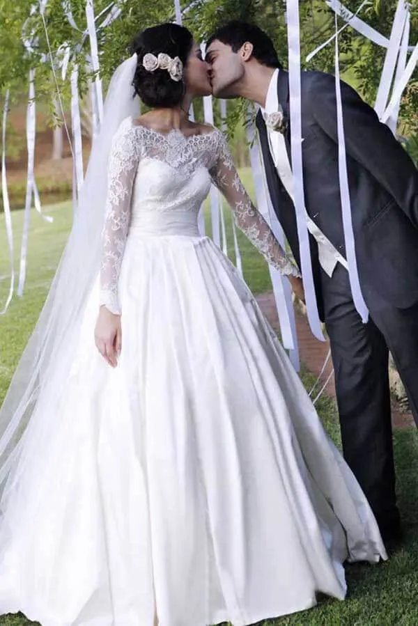 Roycebridal A-line Off Shoulder Long Sleeves Satin Lace Wedding Dresses, Bridal Gown, MW790