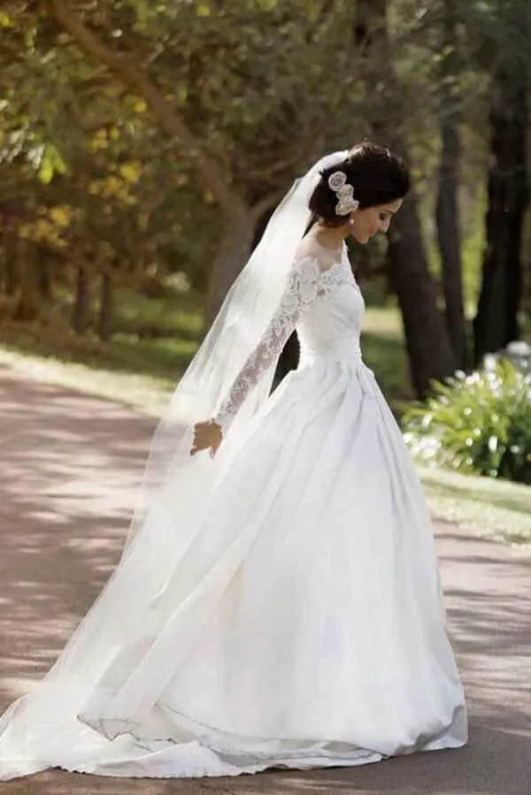 Roycebridal A-line Off Shoulder Long Sleeves Satin Lace Wedding Dresses, Bridal Gown, MW790