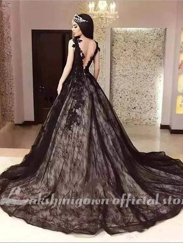Roycebridal Black with Appliques Wedding Dresses Jewel Neck Court Train