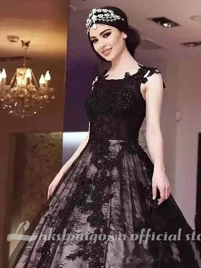 Roycebridal Black with Appliques Wedding Dresses Jewel Neck Court Train