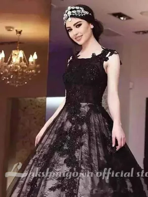 Roycebridal Black with Appliques Wedding Dresses Jewel Neck Court Train