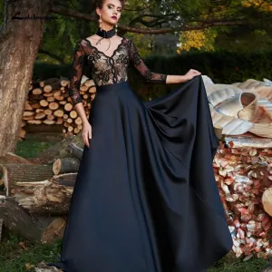 Roycebridal Gothic Black Satin Wedding Dress 3/4 Sleeves