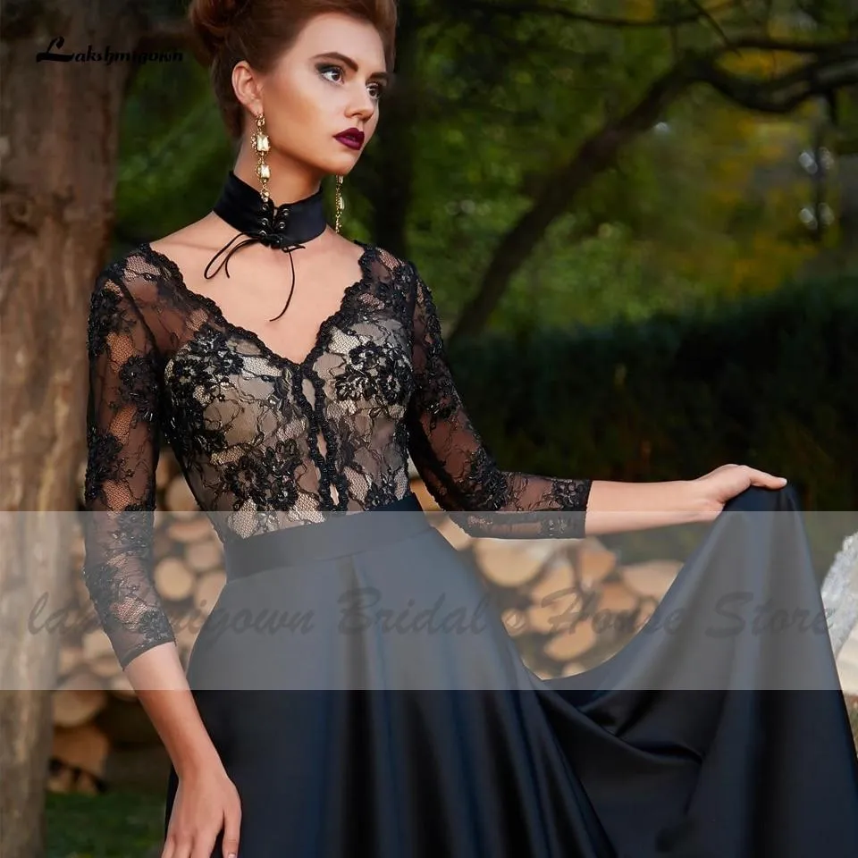 Roycebridal Gothic Black Satin Wedding Dress 3/4 Sleeves