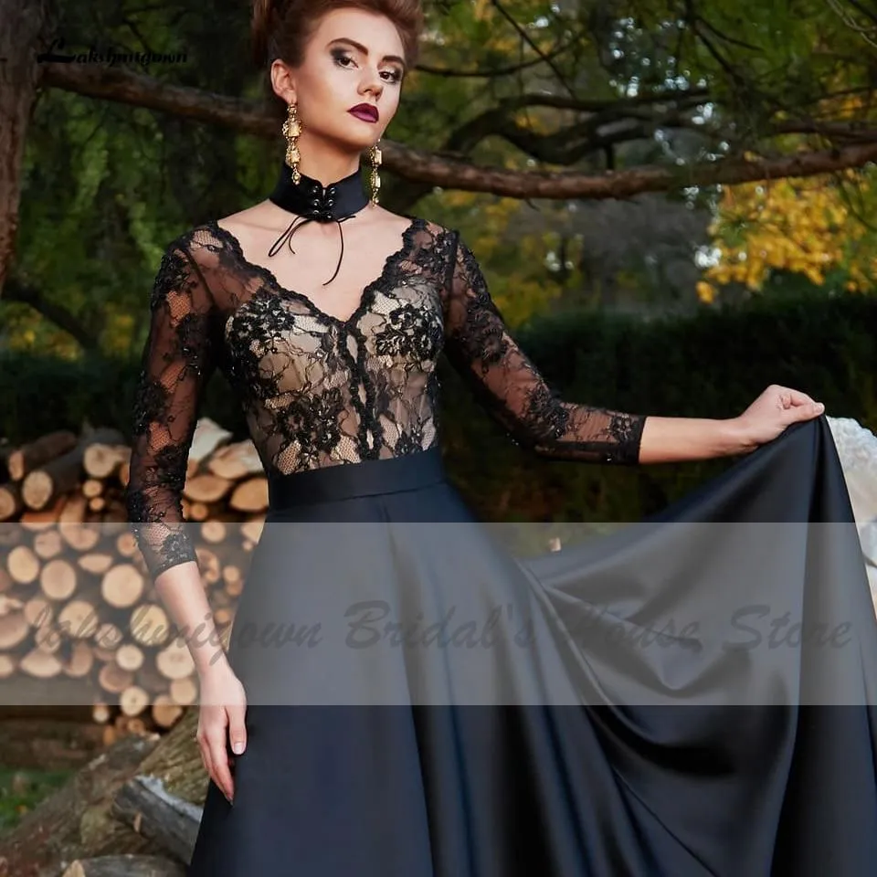 Roycebridal Gothic Black Satin Wedding Dress 3/4 Sleeves
