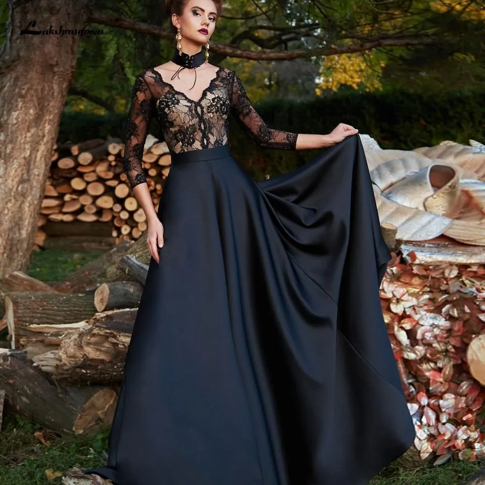 Roycebridal Gothic Black Satin Wedding Dress 3/4 Sleeves