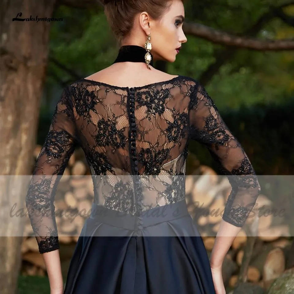 Roycebridal Gothic Black Satin Wedding Dress 3/4 Sleeves