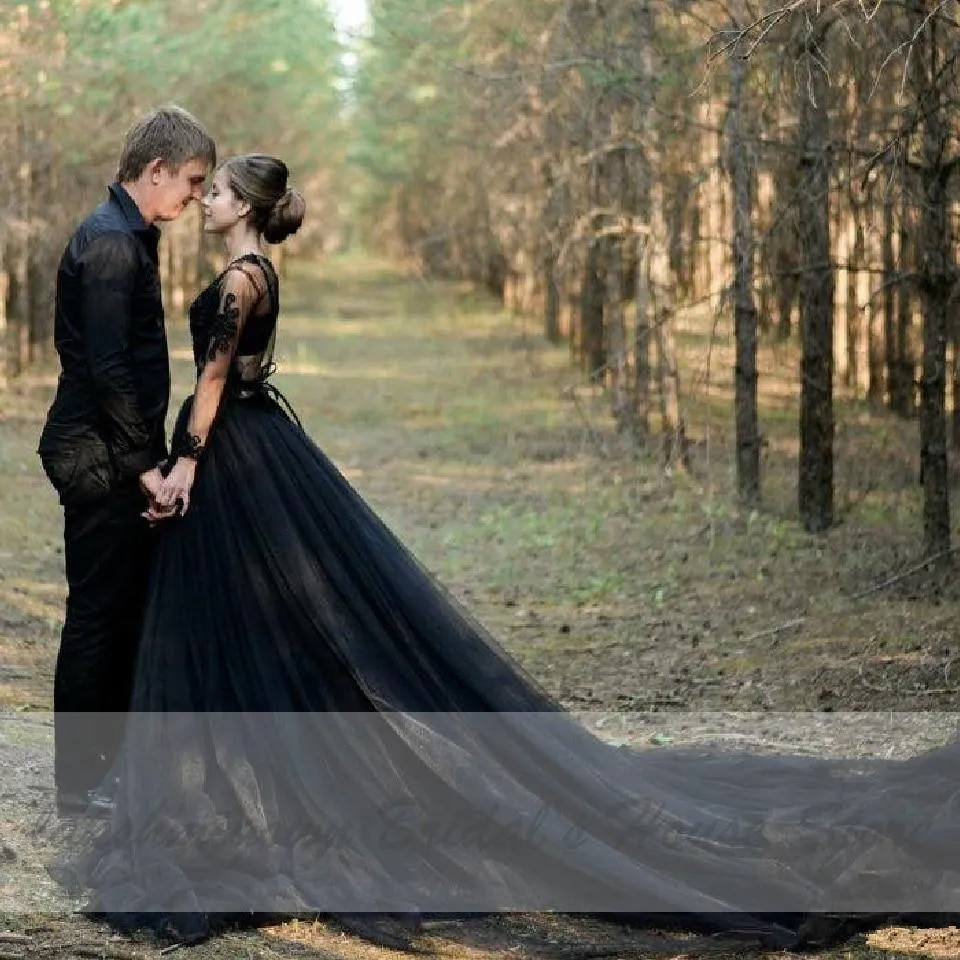 Roycebridal Gothic Black Wedding Dress with Sleeves Sexy Bridal Dress