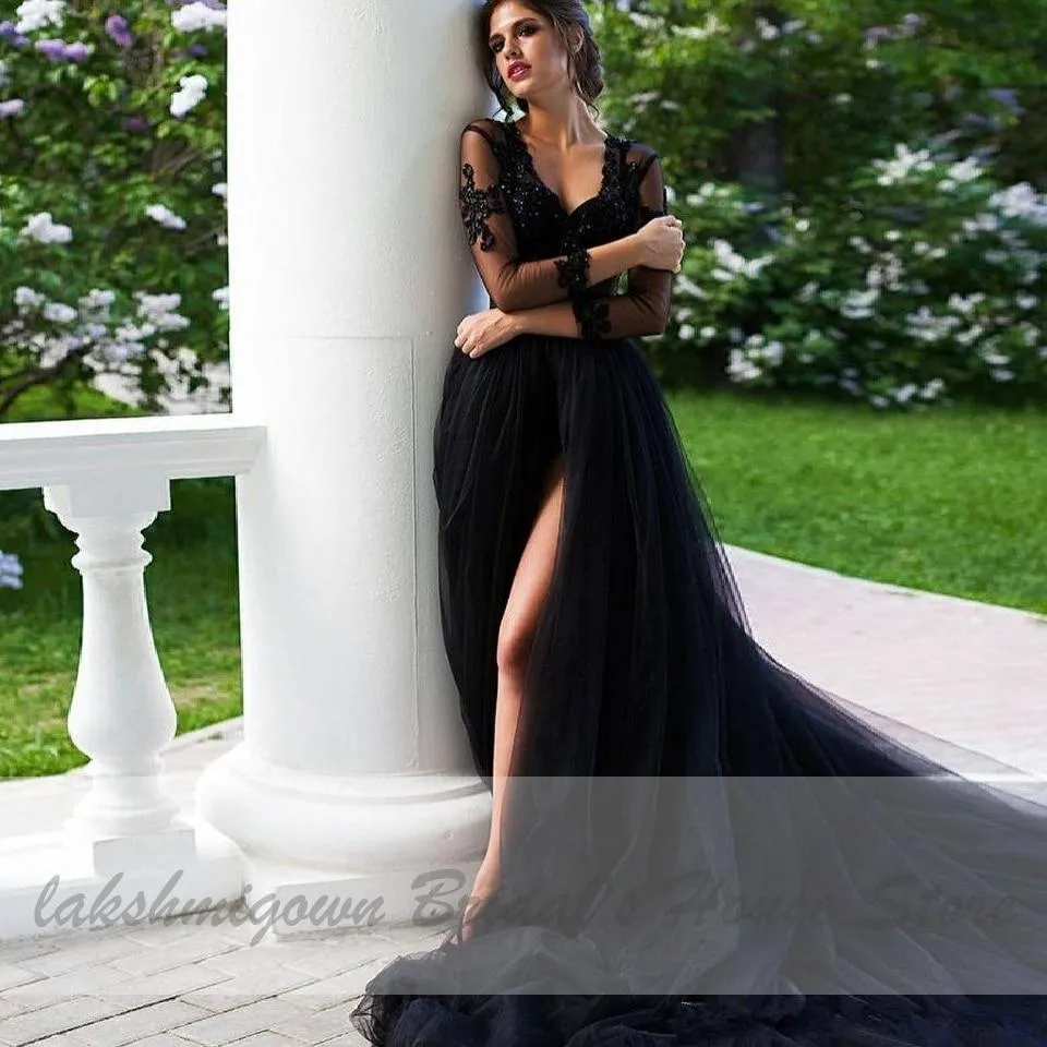 Roycebridal Gothic Black Wedding Dress with Sleeves Sexy Bridal Dress
