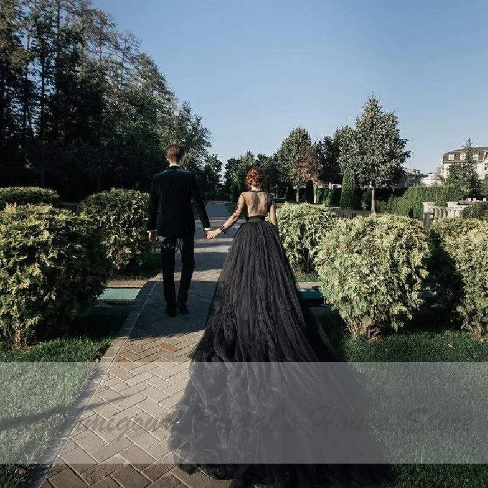 Roycebridal Gothic Black Wedding Dress with Sleeves Sexy Bridal Dress