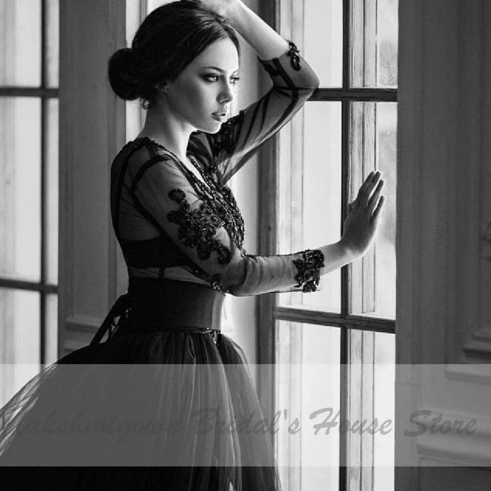 Roycebridal Gothic Black Wedding Dress with Sleeves Sexy Bridal Dress