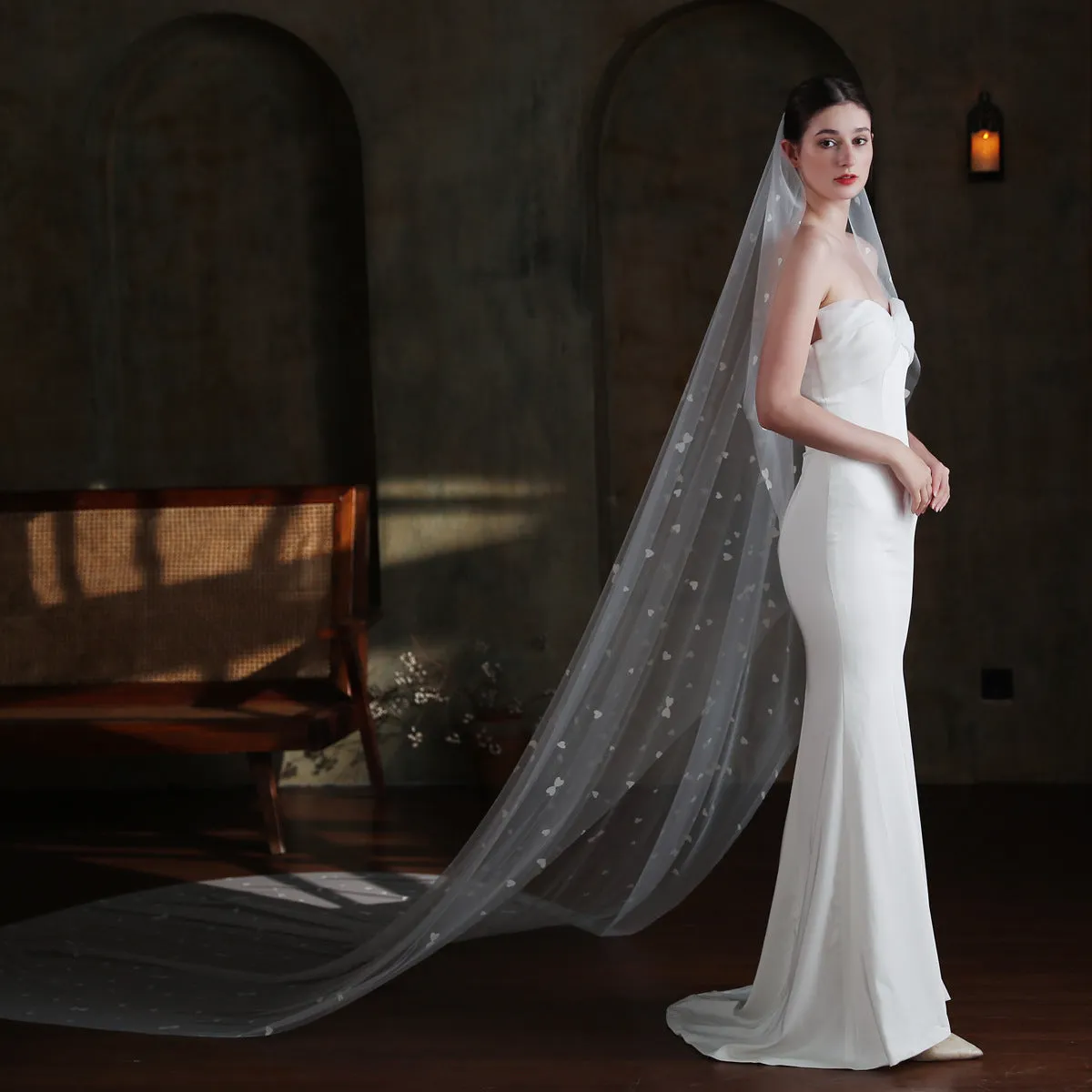 Roycebridal Heart Printed Tulle Bridal Veil Cathedral Length Viniodress V873