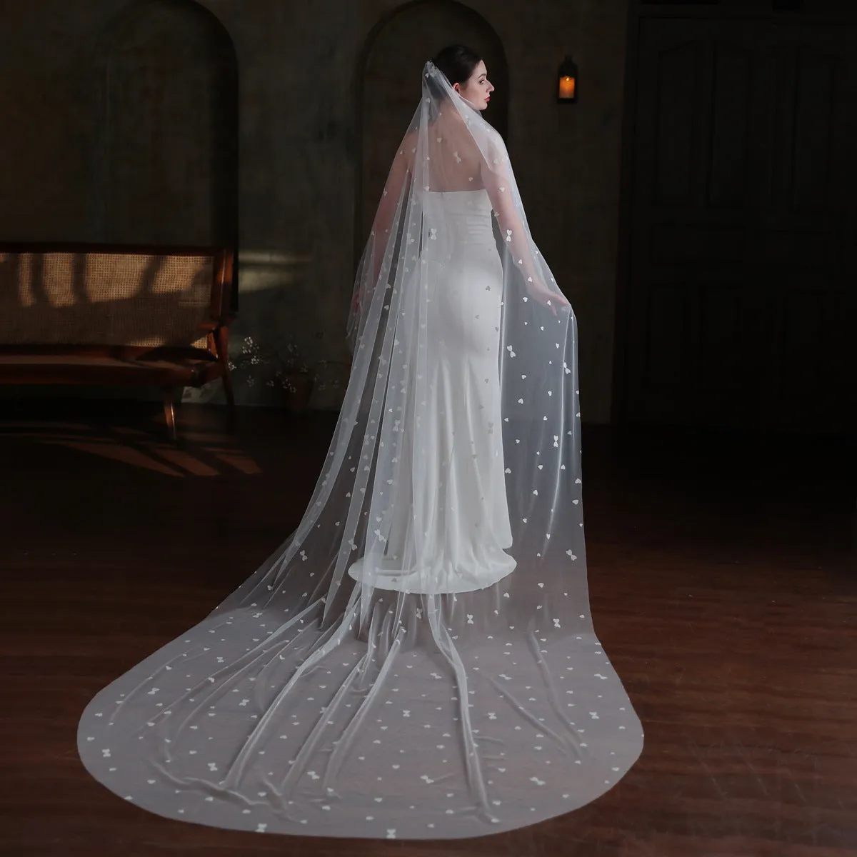 Roycebridal Heart Printed Tulle Bridal Veil Cathedral Length Viniodress V873