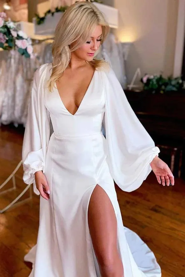 Roycebridal Ivory A-line V-neck Long Sleeves Simple Wedding Dresses With Slit, MW1019