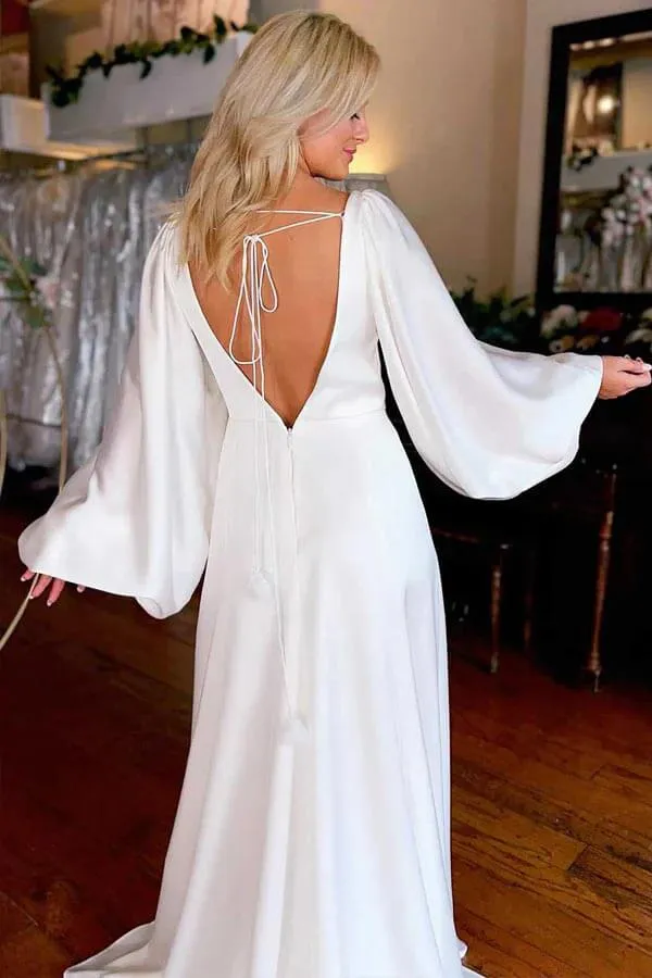 Roycebridal Ivory A-line V-neck Long Sleeves Simple Wedding Dresses With Slit, MW1019