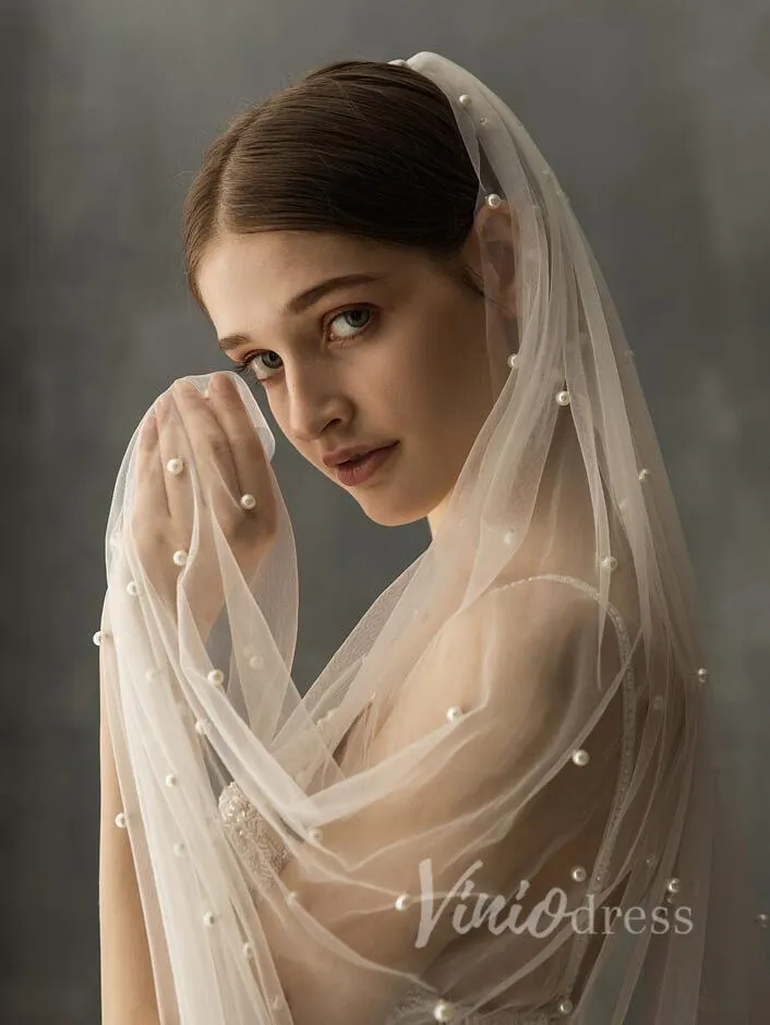 Roycebridal Ivory White Chapel Bridal Veils with Pearls AC1008