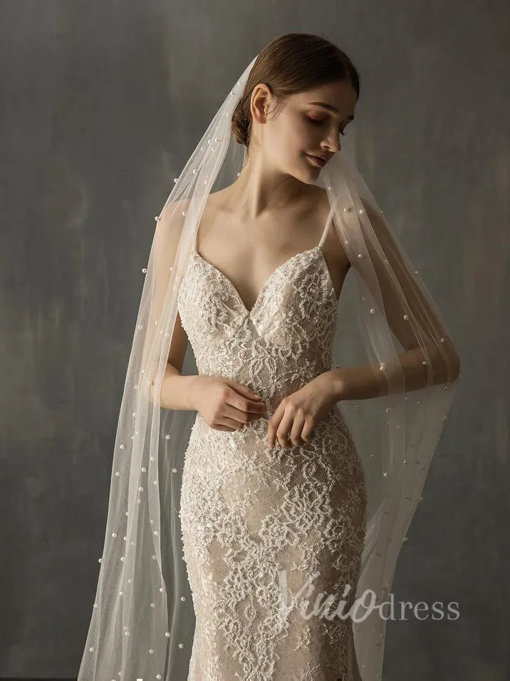 Roycebridal Ivory White Chapel Bridal Veils with Pearls AC1008