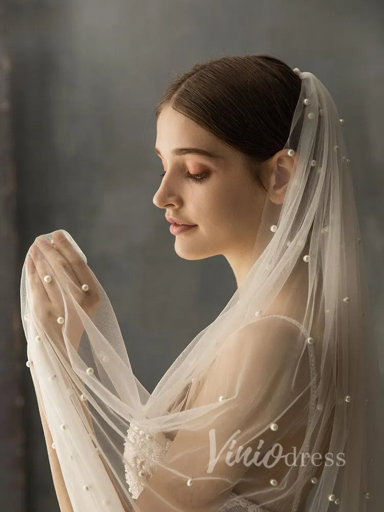 Roycebridal Ivory White Chapel Bridal Veils with Pearls AC1008