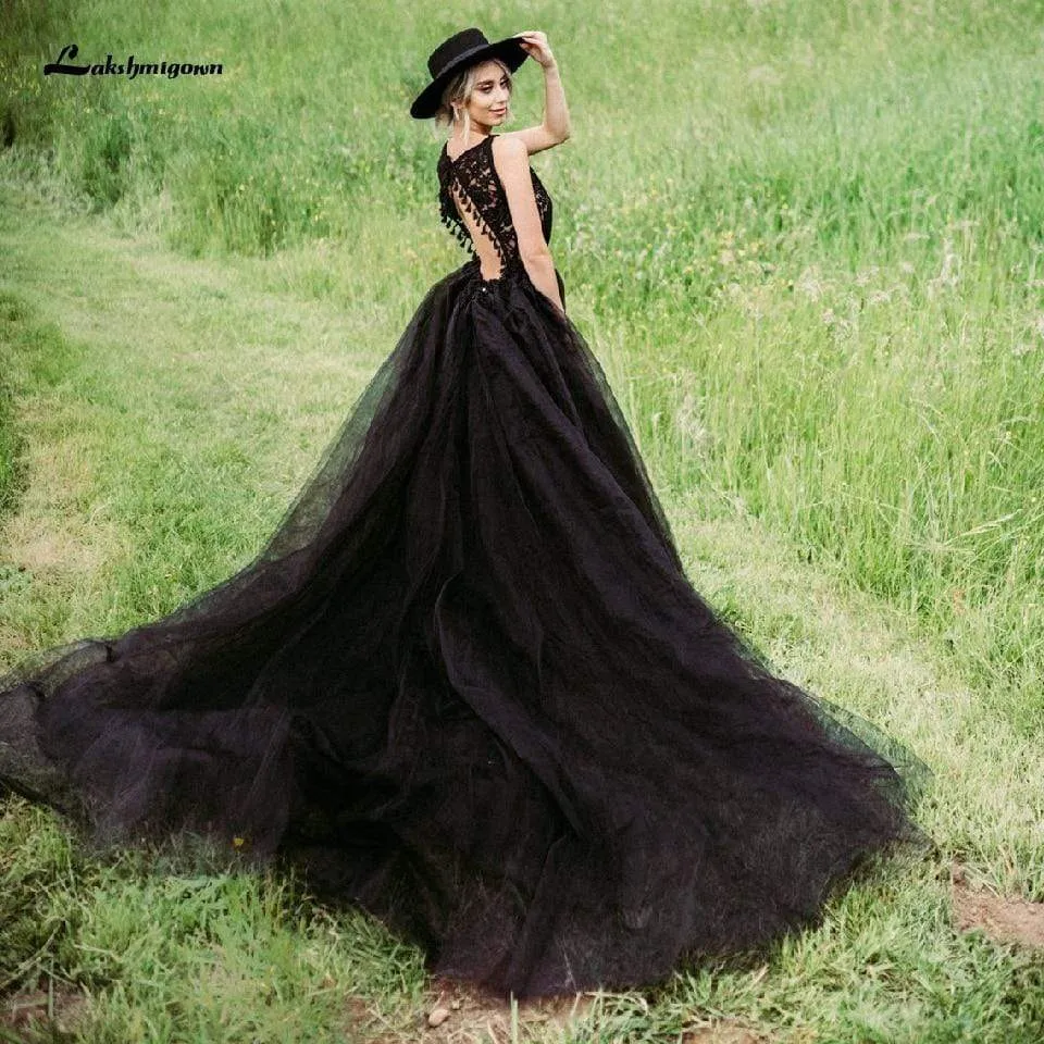 Roycebridal Lakshmigown Gothic Black Wedding Dress Sexy Bridal Dress Lace=