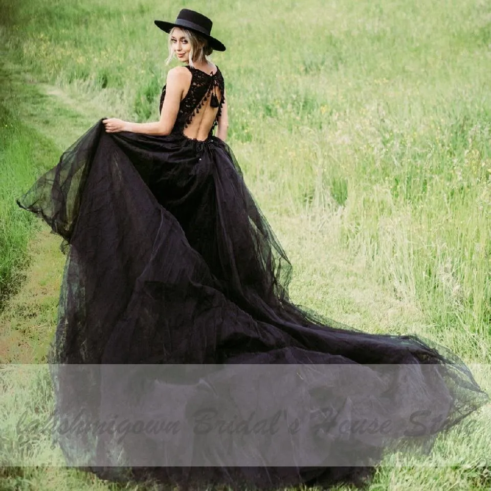 Roycebridal Lakshmigown Gothic Black Wedding Dress Sexy Bridal Dress Lace=