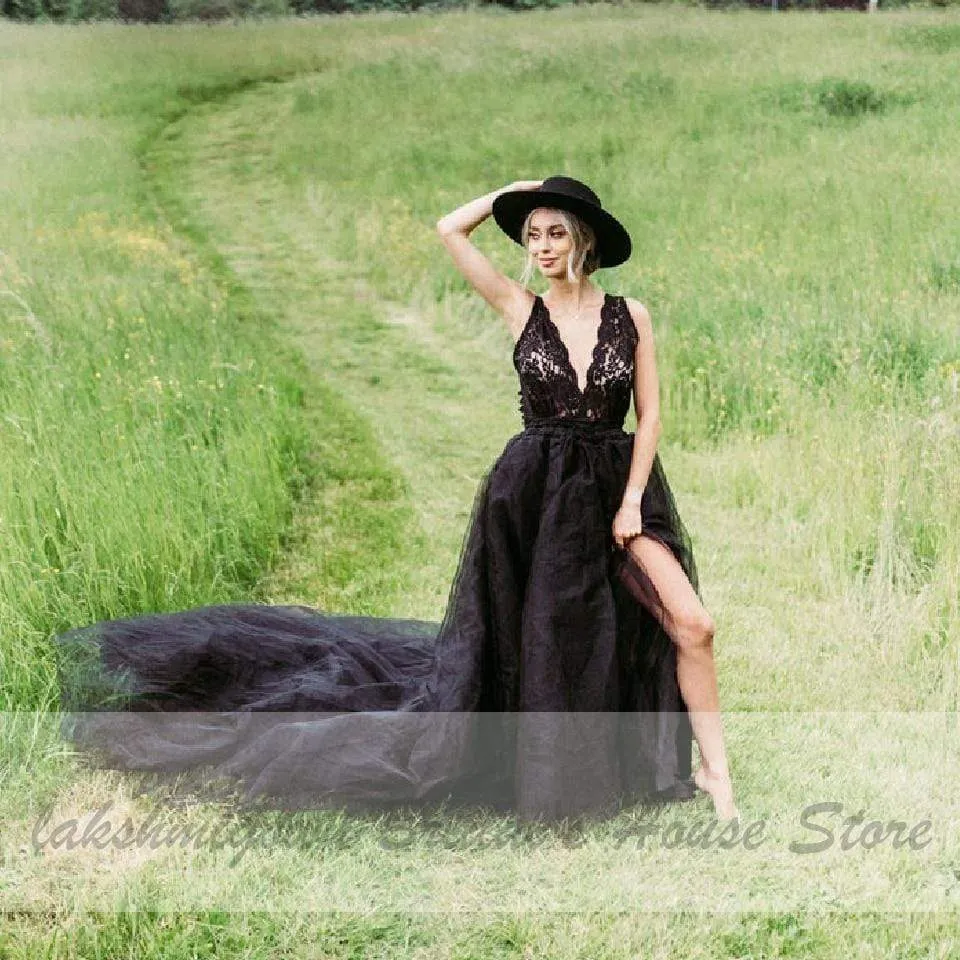 Roycebridal Lakshmigown Gothic Black Wedding Dress Sexy Bridal Dress Lace=