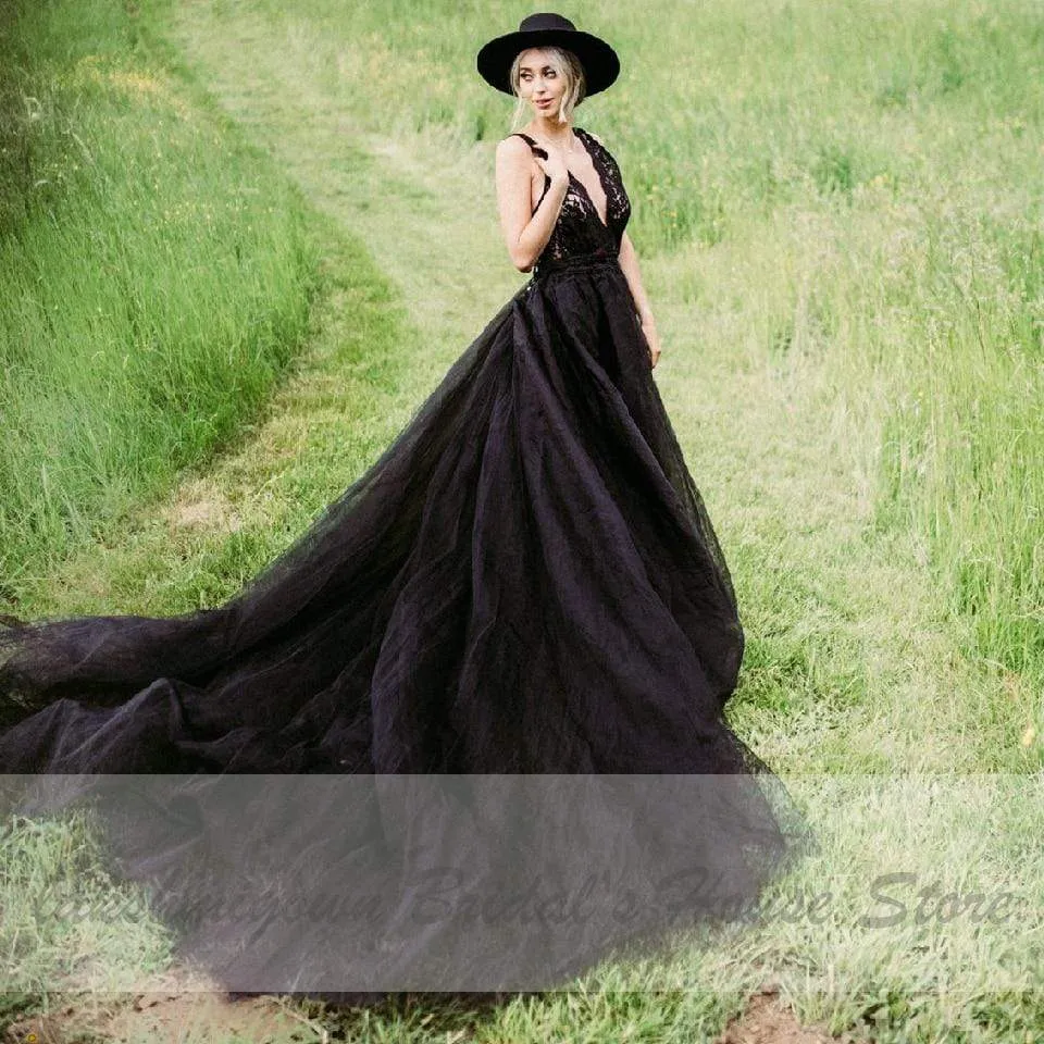 Roycebridal Lakshmigown Gothic Black Wedding Dress Sexy Bridal Dress Lace=