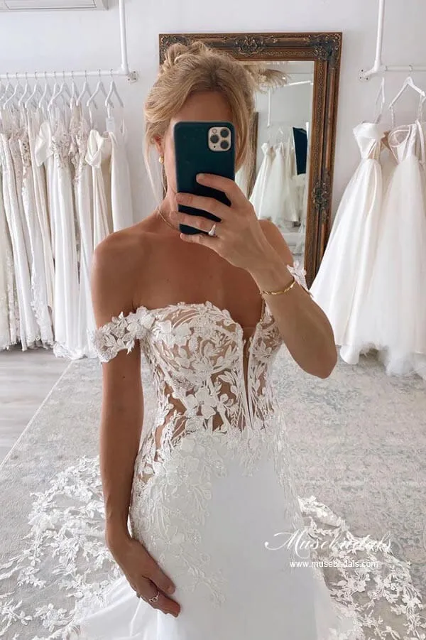 Roycebridal Satin Mermaid Off-the-Shoulder Wedding Dresses With Lace Appliques, MW872