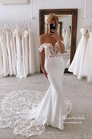 Roycebridal Satin Mermaid Off-the-Shoulder Wedding Dresses With Lace Appliques, MW872