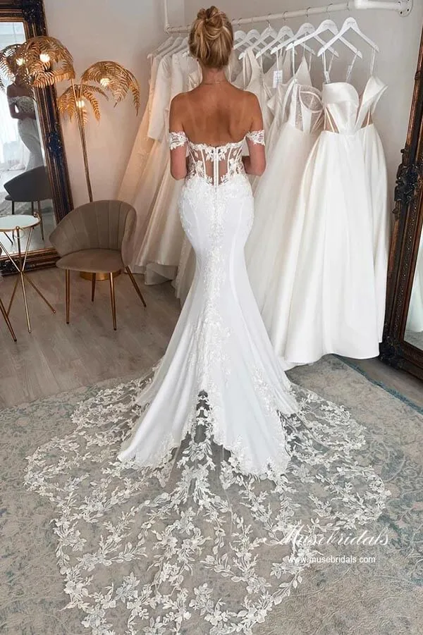 Roycebridal Satin Mermaid Off-the-Shoulder Wedding Dresses With Lace Appliques, MW872