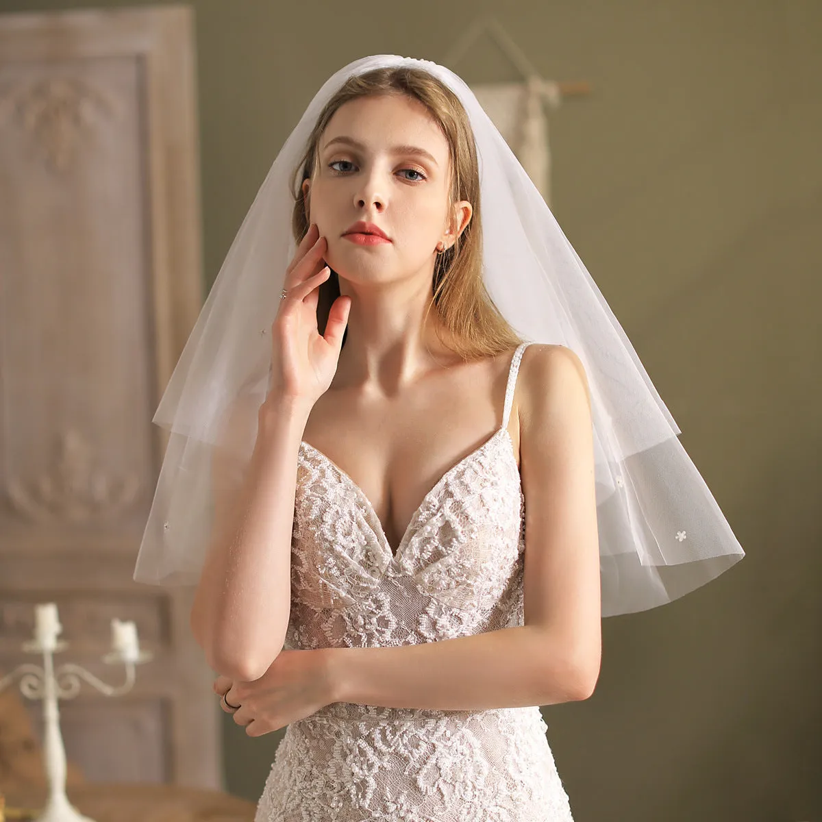 Roycebridal Shoulder Length Bridal Veil 2 Tiers
