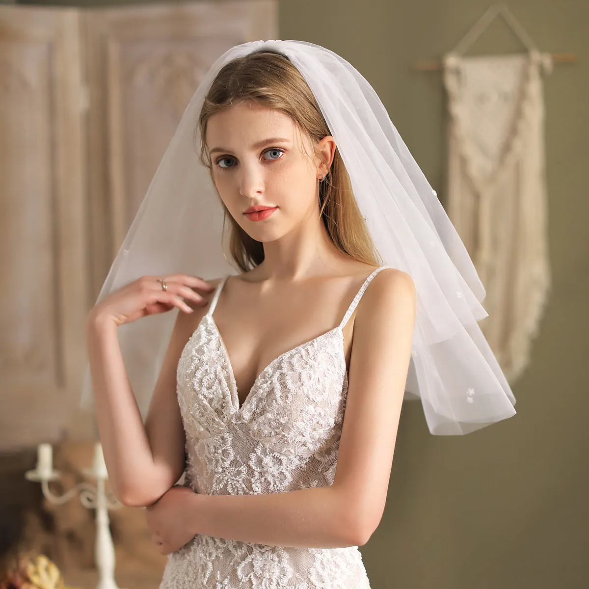 Roycebridal Shoulder Length Bridal Veil 2 Tiers