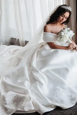 Roycebridal Simple Ivory Ball Gown Satin Lace Off-the-Shoulder Wedding Dresses, MW633