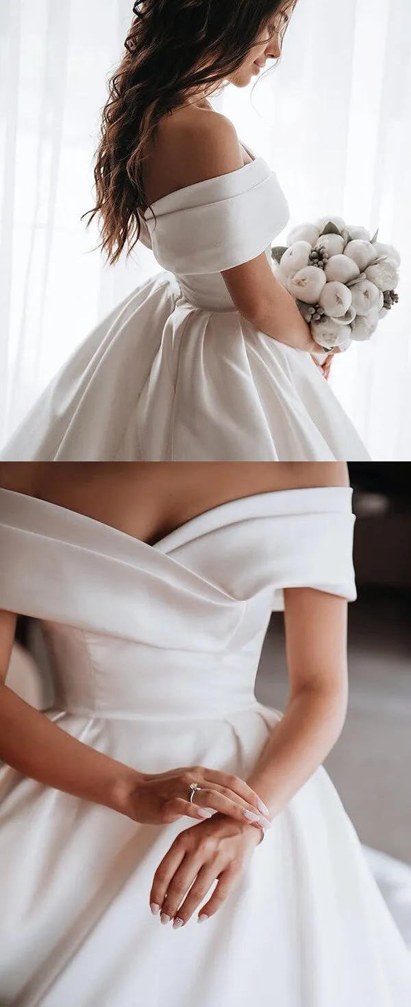 Roycebridal Simple Ivory Ball Gown Satin Lace Off-the-Shoulder Wedding Dresses, MW633