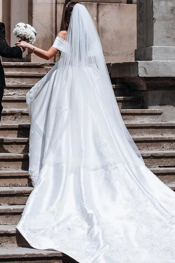 Roycebridal Simple Ivory Ball Gown Satin Lace Off-the-Shoulder Wedding Dresses, MW633