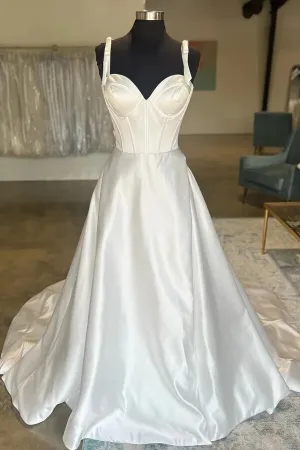 Roycebridal Simple Satin A-line Sweetheart Bow-Straps Wedding Dresses, Bridal Gown, MW957