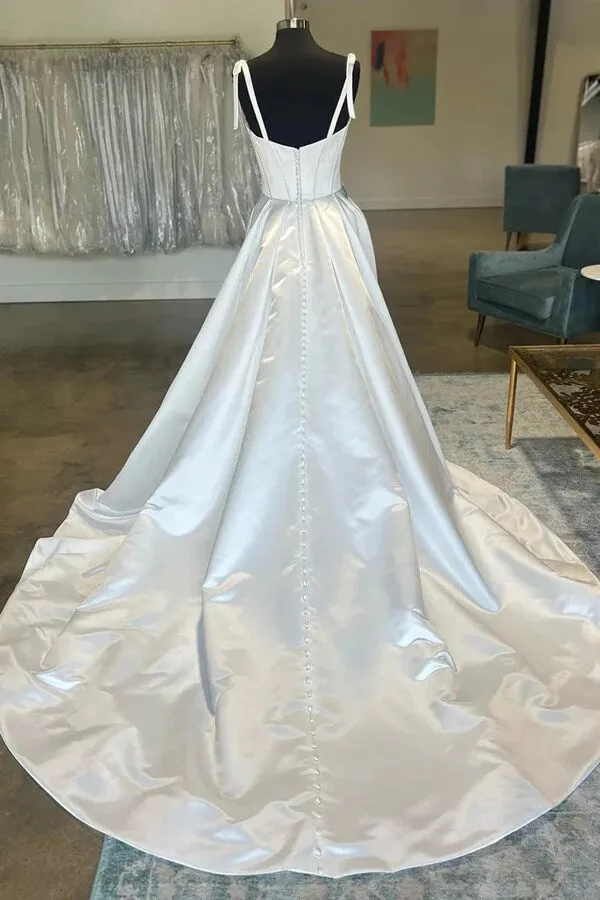 Roycebridal Simple Satin A-line Sweetheart Bow-Straps Wedding Dresses, Bridal Gown, MW957