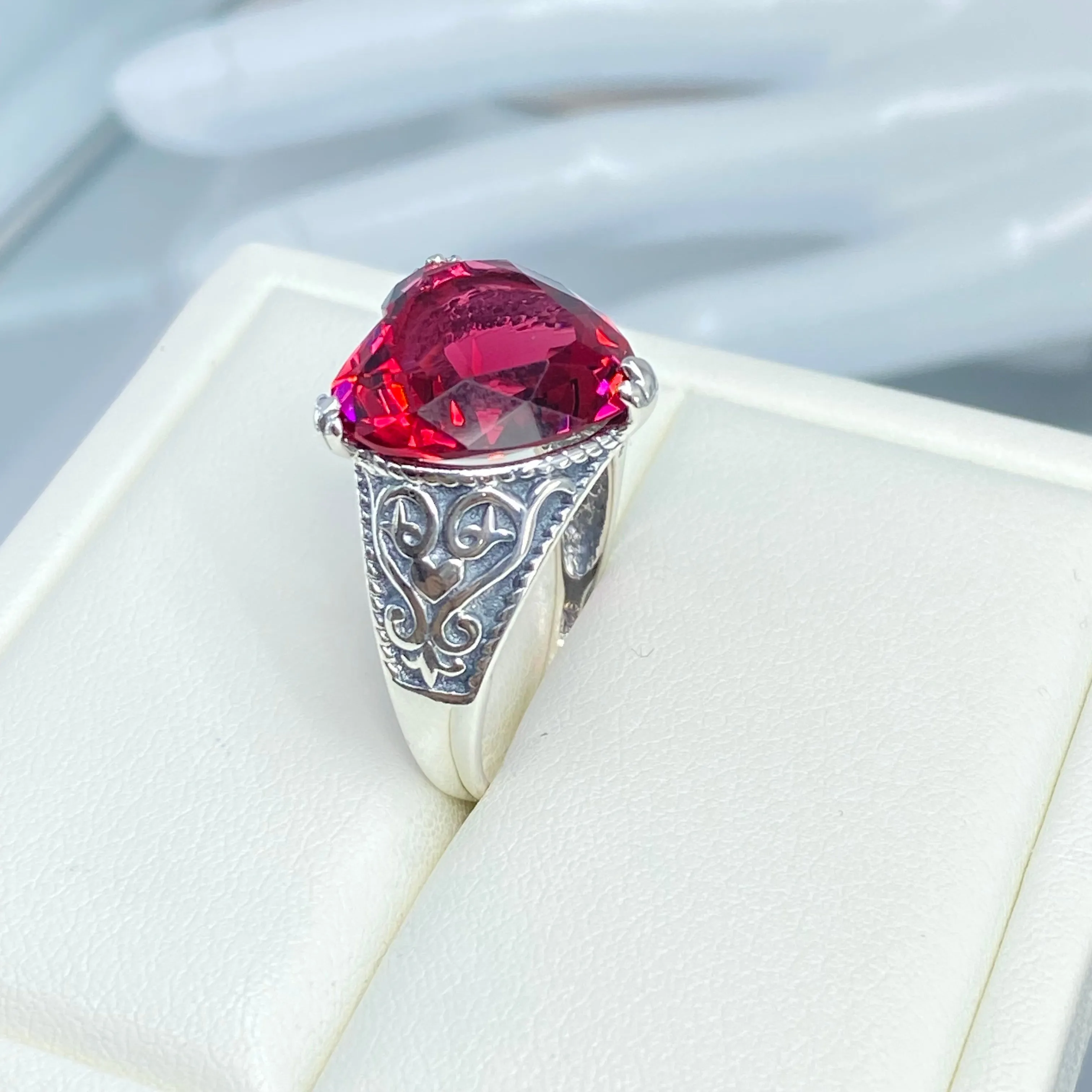 Ruby Ring, Heart Gem, Gothic Filigree Jewelry #D132
