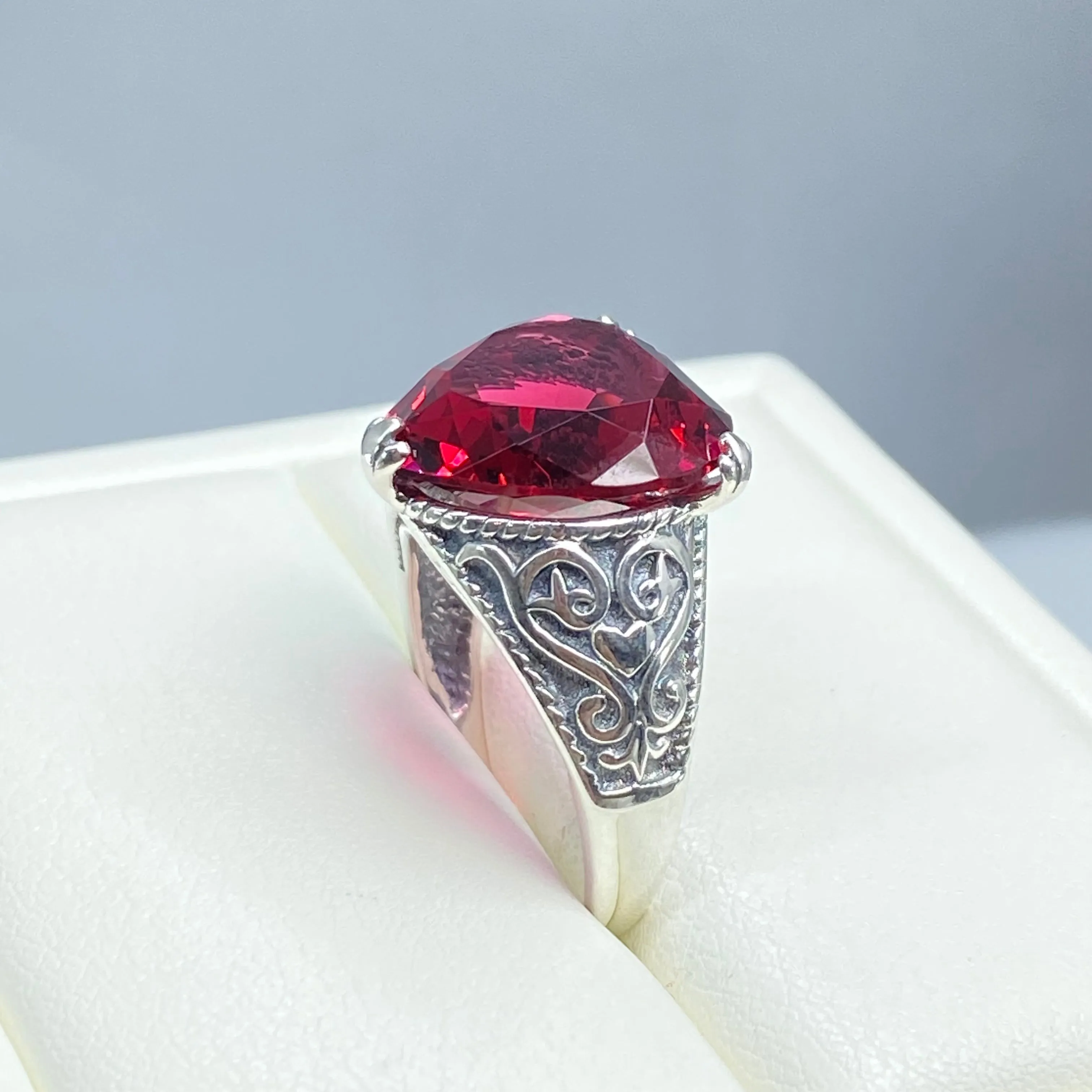 Ruby Ring, Heart Gem, Gothic Filigree Jewelry #D132