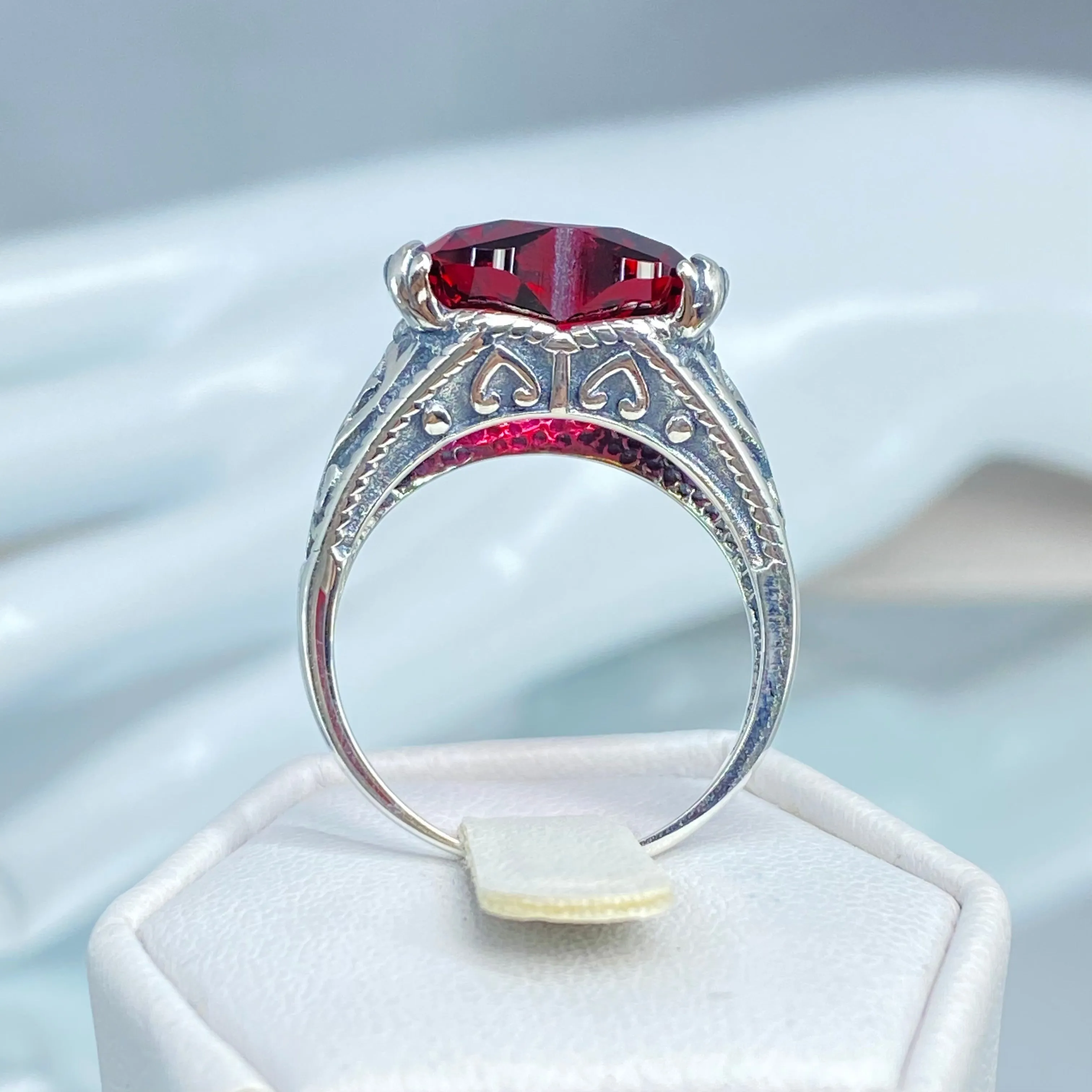 Ruby Ring, Heart Gem, Gothic Filigree Jewelry #D132