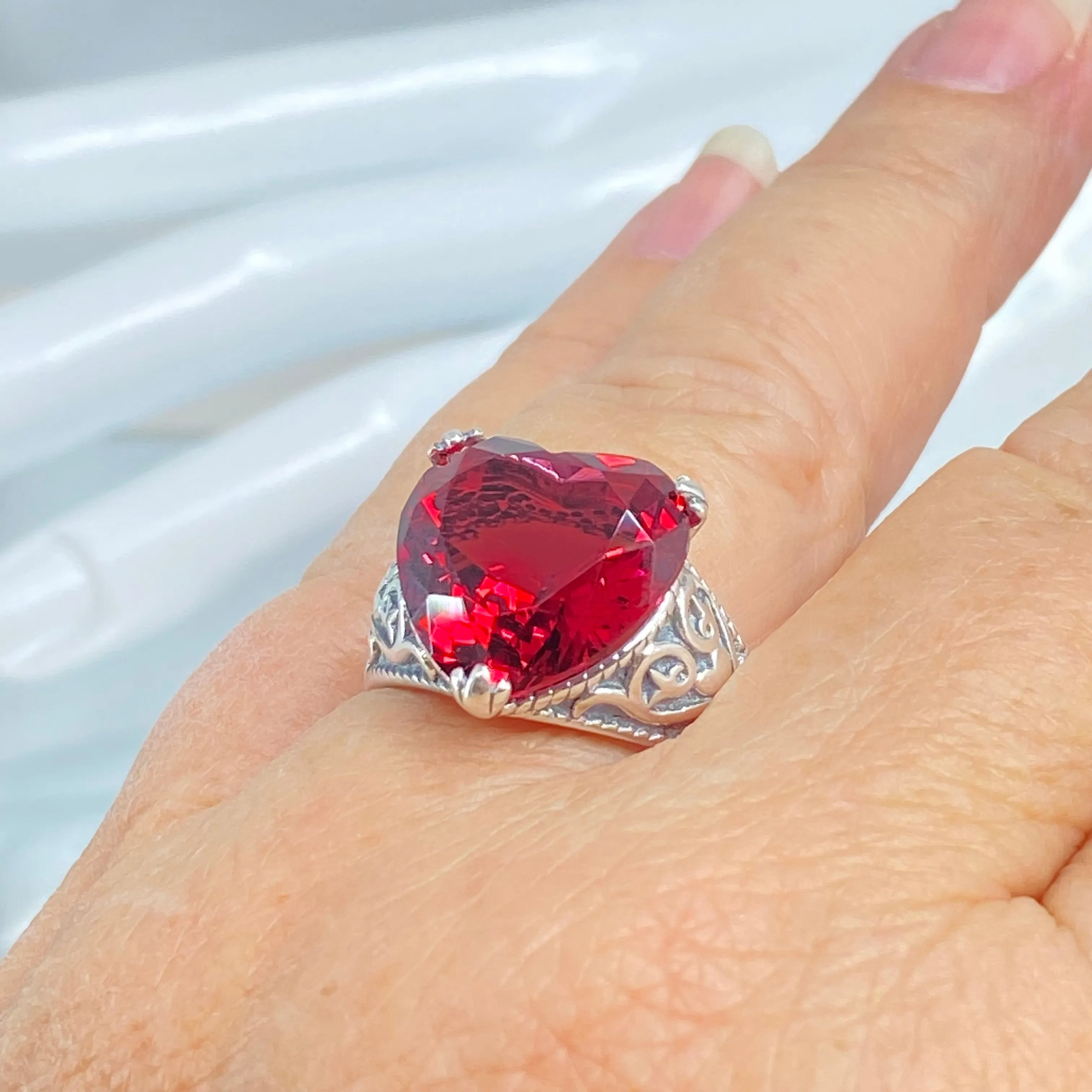 Ruby Ring, Heart Gem, Gothic Filigree Jewelry #D132